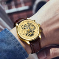 NYY Men's Skeleton Hollow Dial Quartz Wrist Watch Golden Case Brown Leather Strap Chronograph Style Business Casual Male