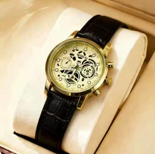 NYY Men's Skeleton Hollow Dial Quartz Wrist Watch Golden Case Brown Leather Strap Chronograph Style Business Casual Male