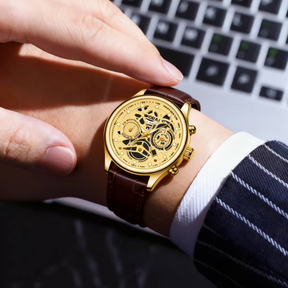NYY Men's Skeleton Hollow Dial Quartz Wrist Watch Golden Case Brown Leather Strap Chronograph Style Business Casual Male